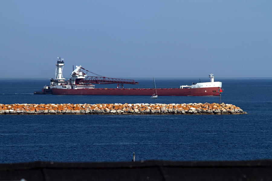 Freighter in the Straits of Mackinac Photograph by Farol Tomson