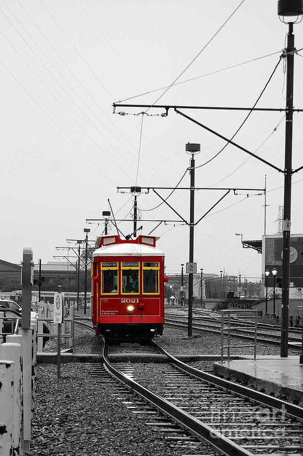 French Quarter French Market Cable Car New Orleans Color Splash Black and White Photograph by Shawn OBrien