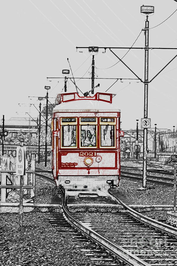French Quarter French Market Cable Car New Orleans Color Splash Black and White with Colored Pencil Digital Art by Shawn OBrien