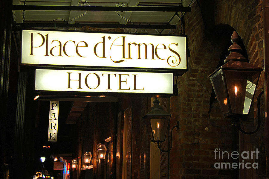French Quarter Place dArmes Hotel Sign and Gas Lamps New Orleans Accented Edges Digital Art Digital Art by Shawn OBrien