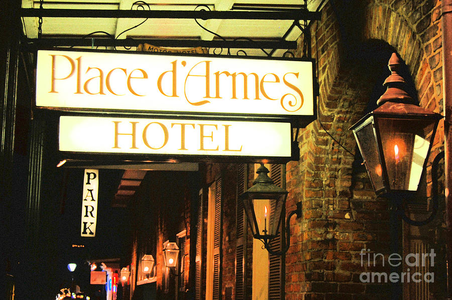 French Quarter Place dArmes Hotel Sign and Gas Lamps New Orleans Film Grain Digital Art Photograph by Shawn OBrien