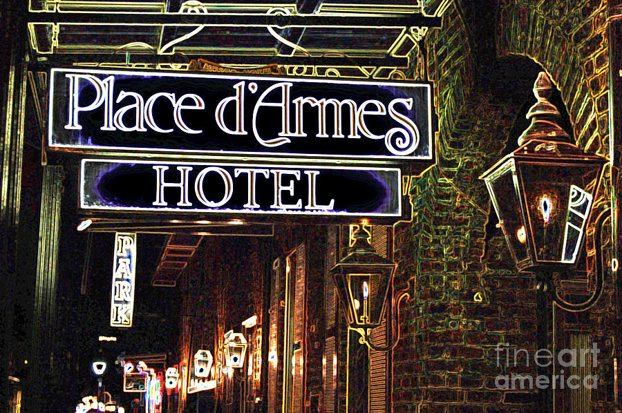 French Quarter Place dArmes Hotel Sign and Gas Lamps New Orleans Glowing Edges Digital Art Digital Art by Shawn OBrien