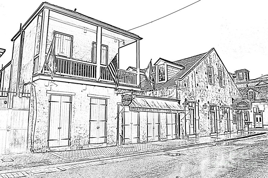 New Orleans Digital Art - French Quarter Tavern Architecture New Orleans Black and White Photocopy Digital Art by Shawn OBrien