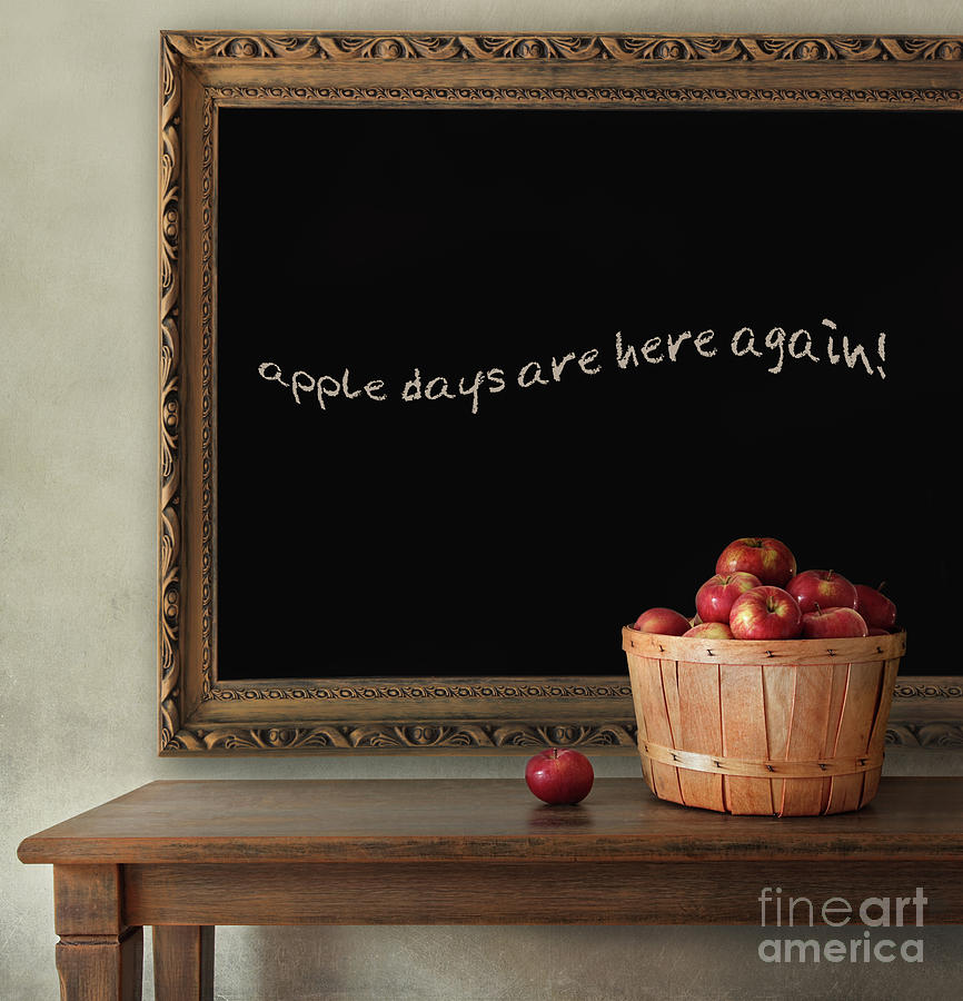 Nature Photograph - Fresh apples on wooden table with blackboard by Sandra Cunningham