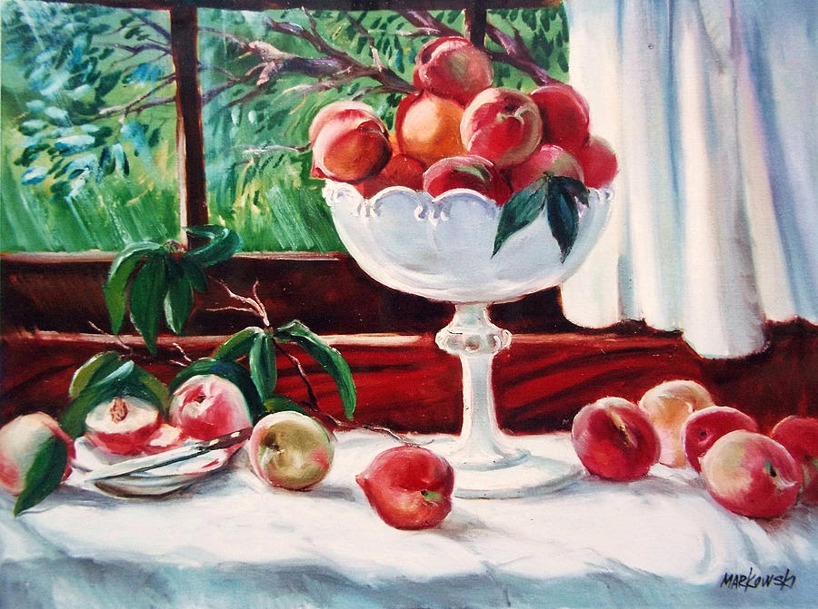 Peach Painting - Fresh Table Peaches by Aileen Markowski