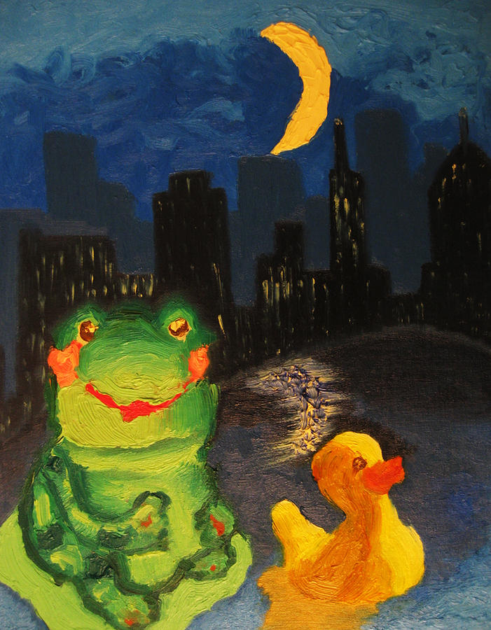 Frog and Duck go to the bog City by way of the Lake Painting by M Zimmerman