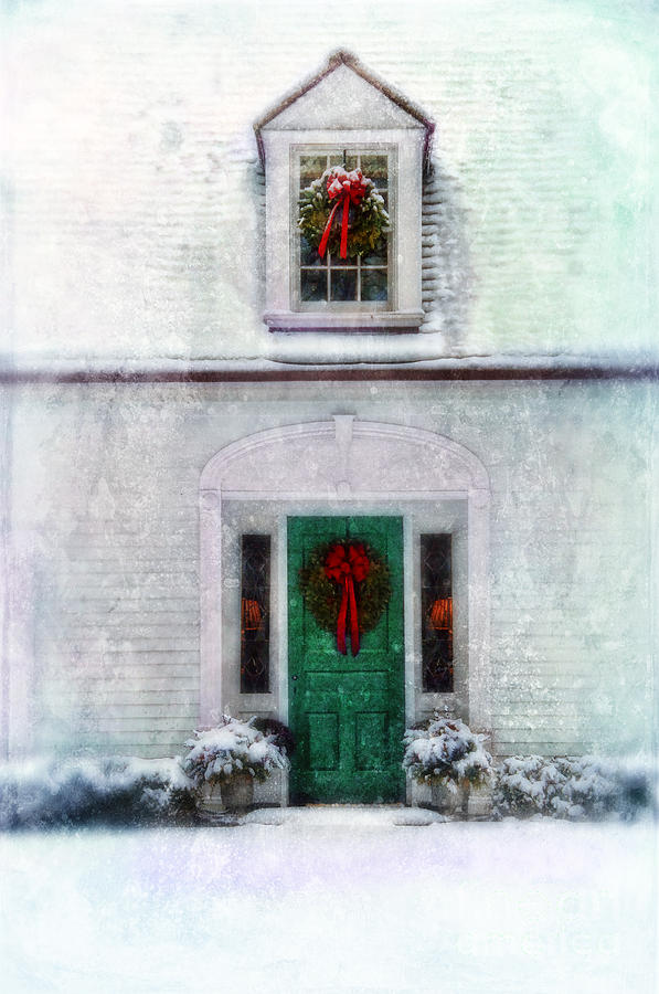 Christmas Photograph - Front Door with Christmas Wreath in Snow by Jill Battaglia