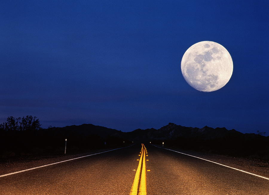 Full Moon Above Empty Road At Night, Usa Photograph by Siegfried Layda