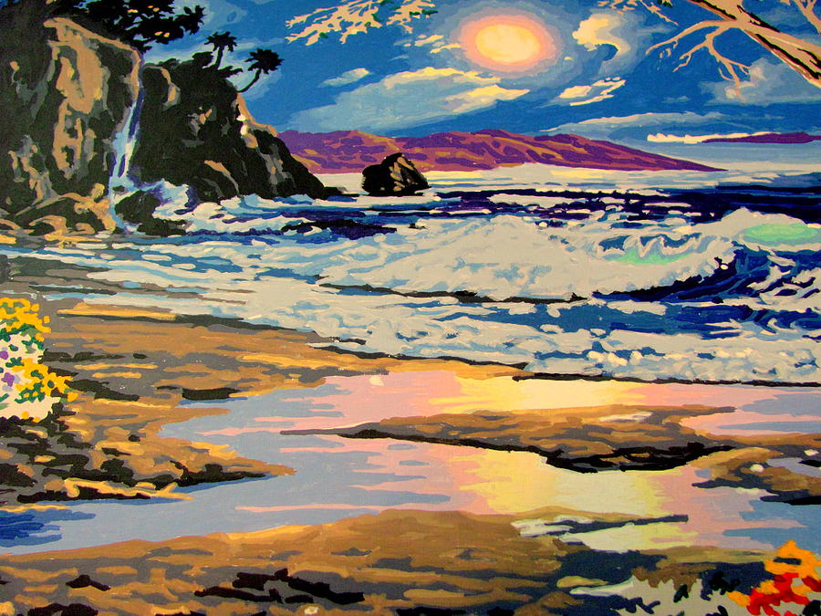 Beach Painting - Full Moon over Ocean Cliff Falls Coast by Amy Bradley