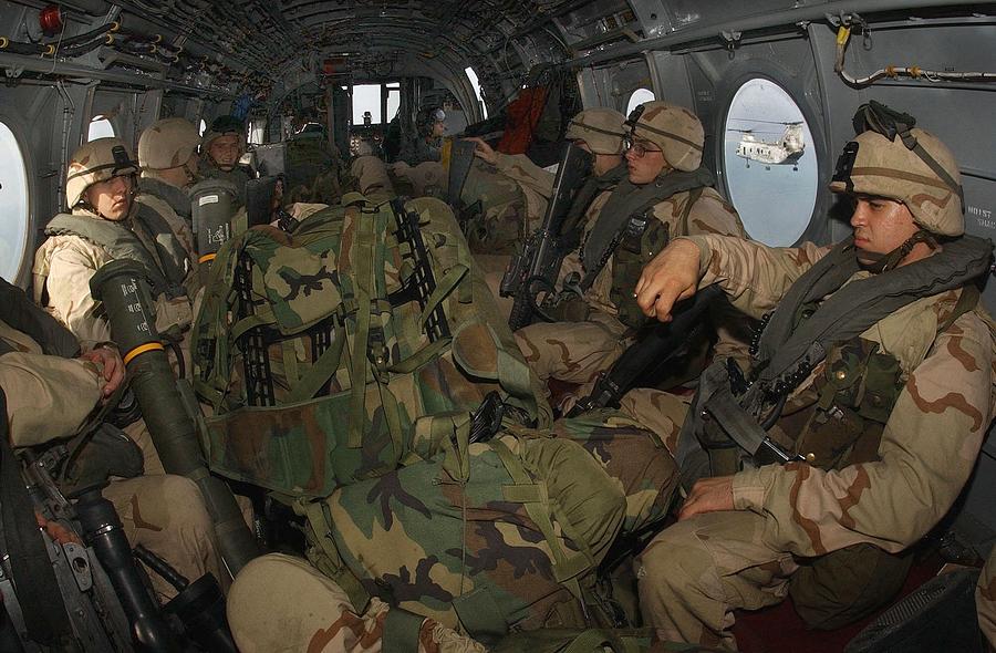 History Photograph - Fully Geared U.s. Marines In Helicopter by Everett