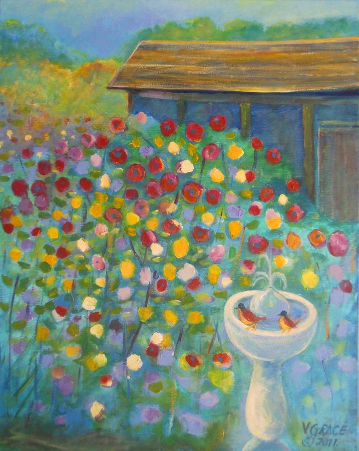 Garden With Bird Bath And Old Shed Painting by Arnold Grace