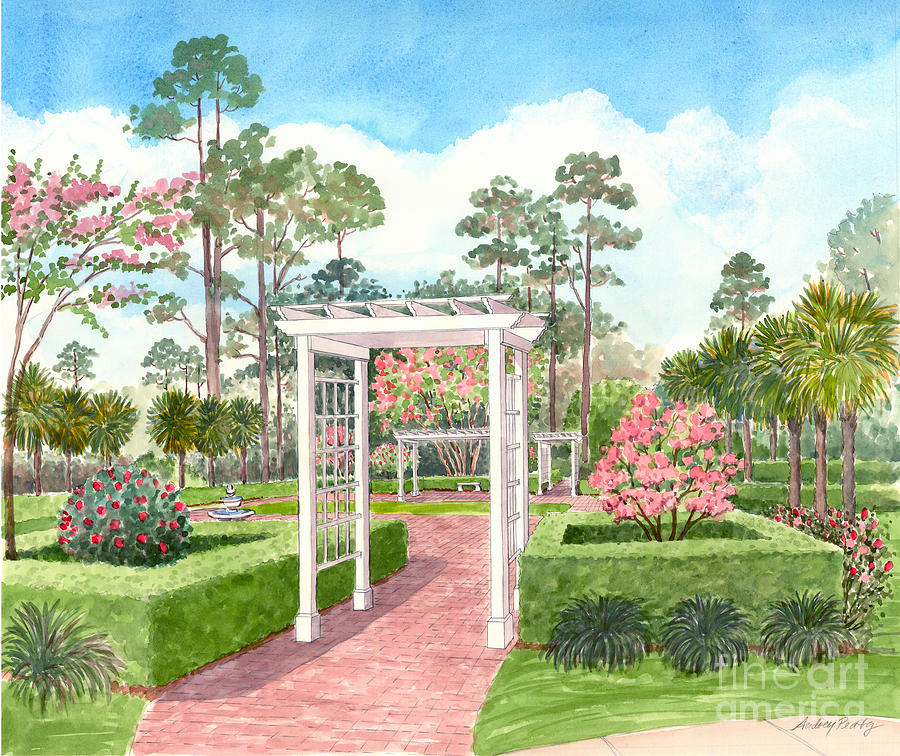 Garden with Pergola Painting by Audrey Peaty