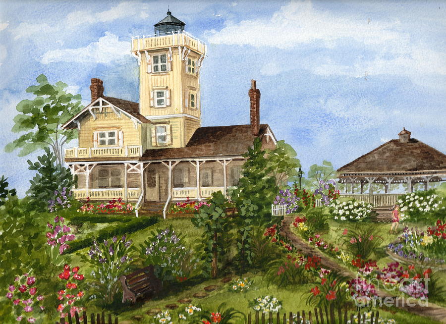 Hereford Inlet Lighthouse Painting - Gardens at Hereford Inlet Lighthouse  by Nancy Patterson