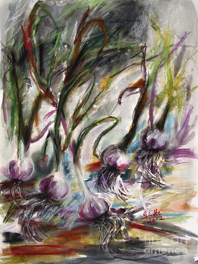 Garlic Watercolor and Pastel by Ginette Painting by Ginette Callaway