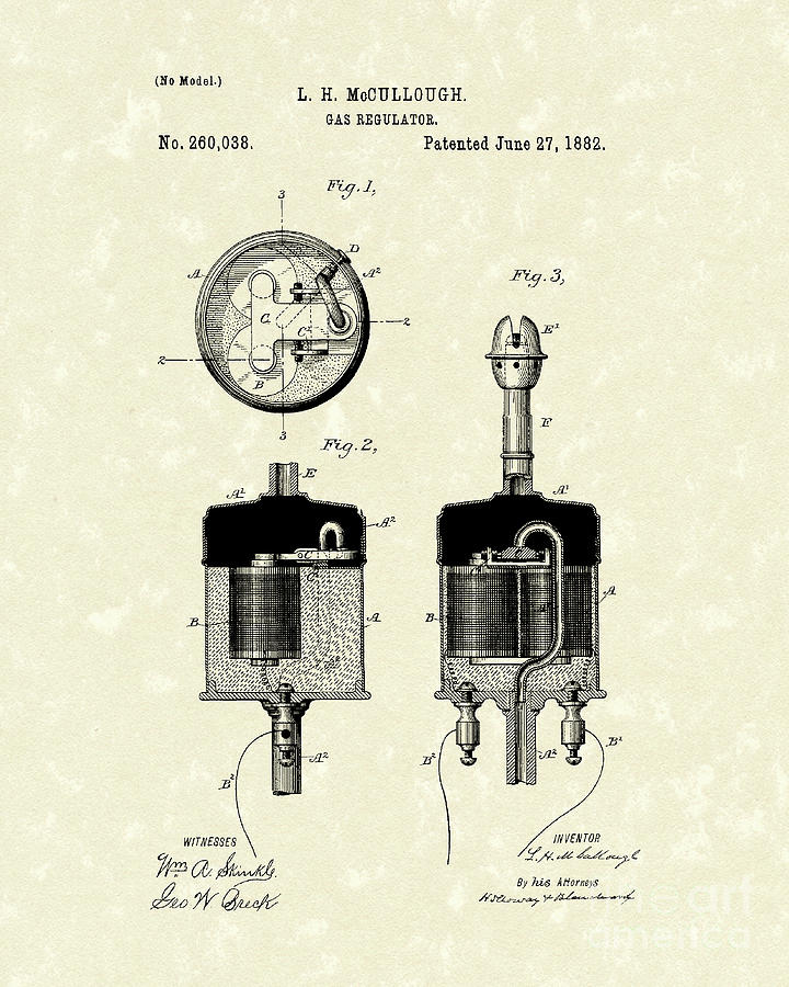 Mccullough Drawing - Gas Regulator 1882 Patent Art by Prior Art Design