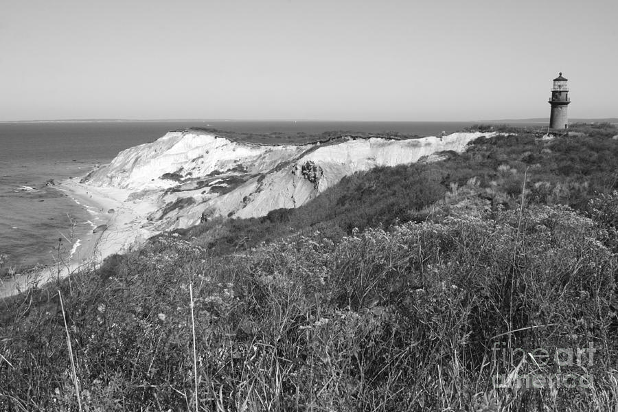 Lighthouse Photograph - Gay Head Lighthouse with Aquinna Beach Cliffs - Black and White by Carol Groenen
