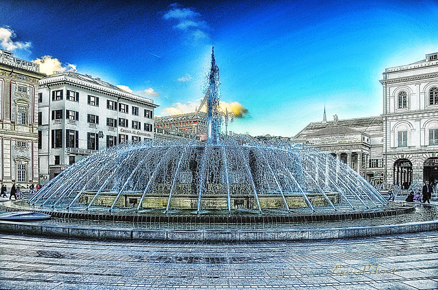 GENOVA De Ferrari square fountain and buildings Mixed Media by Enrico Pelos