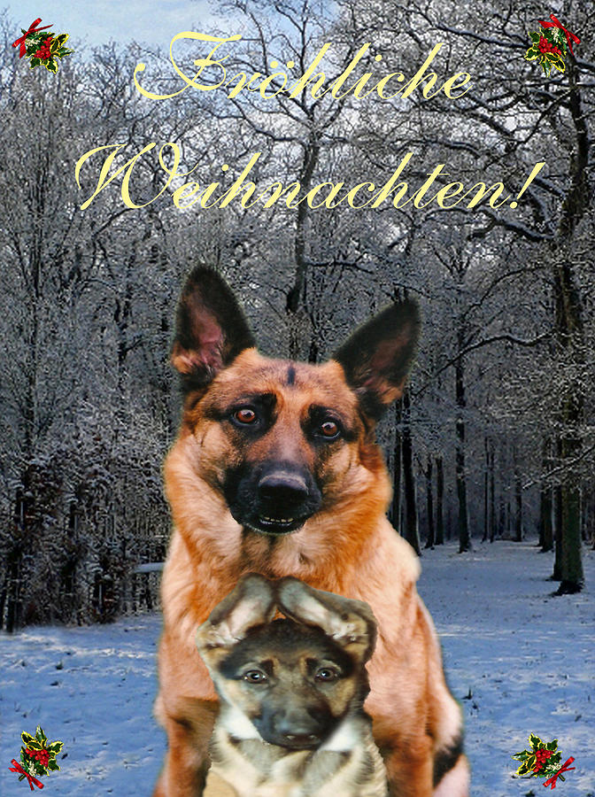 Hollywood Mixed Media - German card Holiday German Shepherd and puppy by Eric Kempson