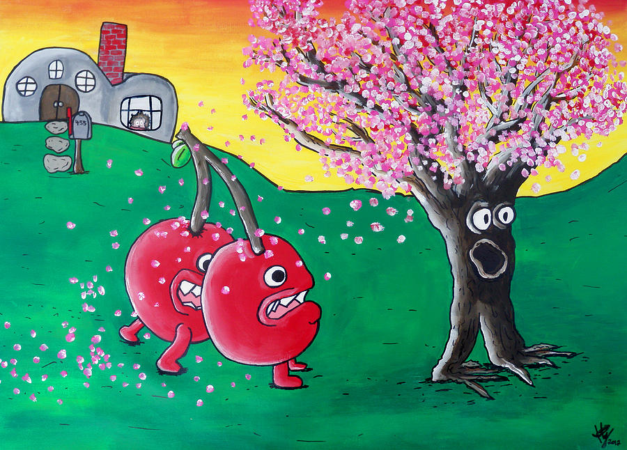 Giant Cherries Chasing Cherry Tree Painting by Jera Sky