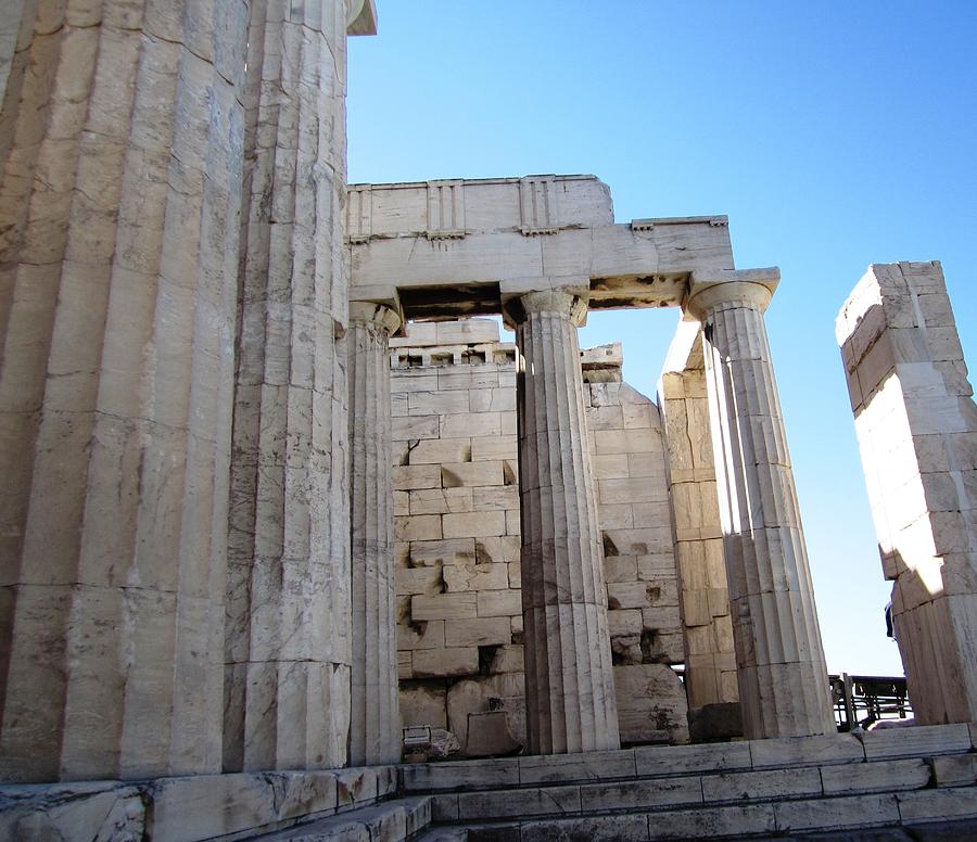 Gigantic Acropolis Parthenon Architectural Columns II with the Sun Rising and Blue Sky Athens Greece Photograph by John Shiron