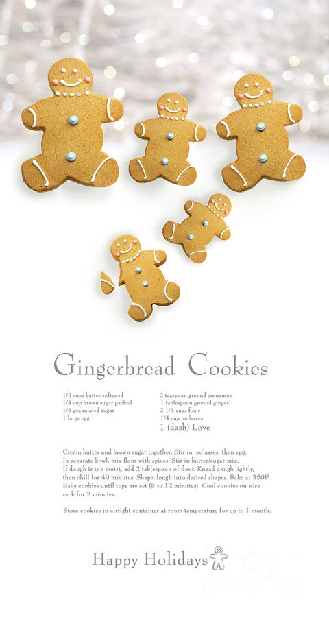 Gingerbread men cookies against cookie receipe Photograph by Sandra Cunningham
