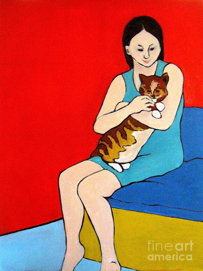 Portrait Painting - Girl and Cat by Linda Vespasian