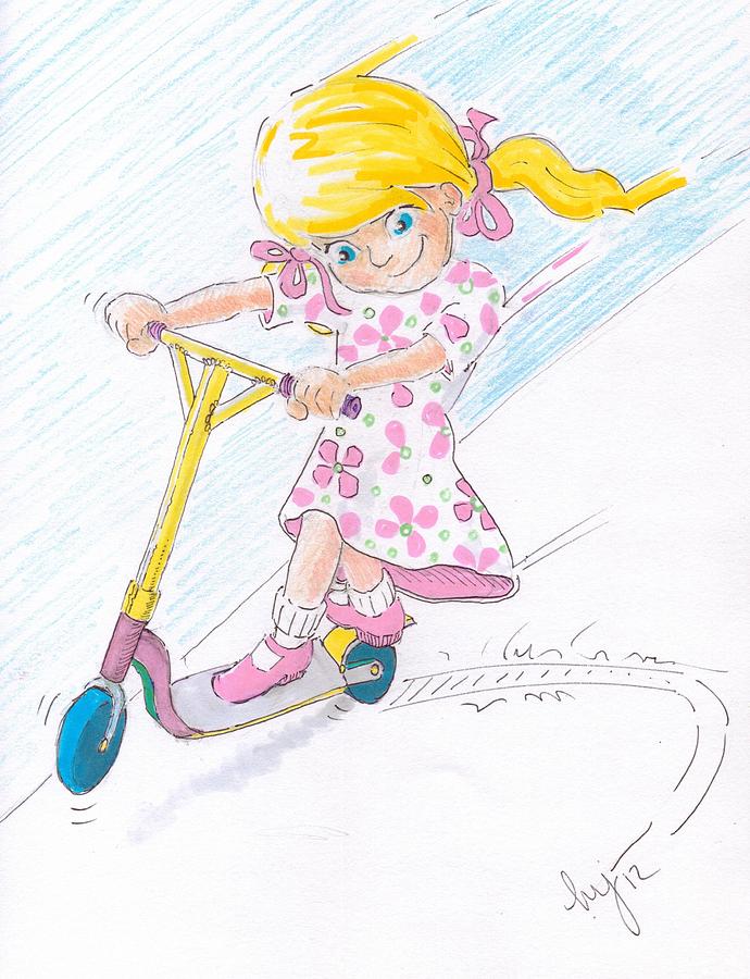 Girl on a Microscooter cartoon Drawing by Mike Jory
