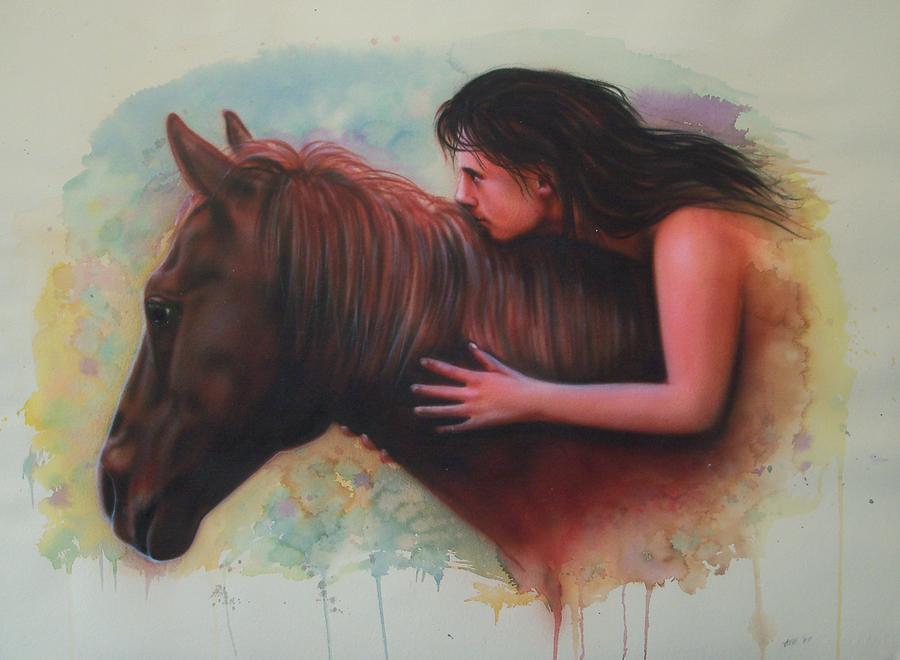 Horse And Girl Painting - Girl on horse by Amatzia Baruchi
