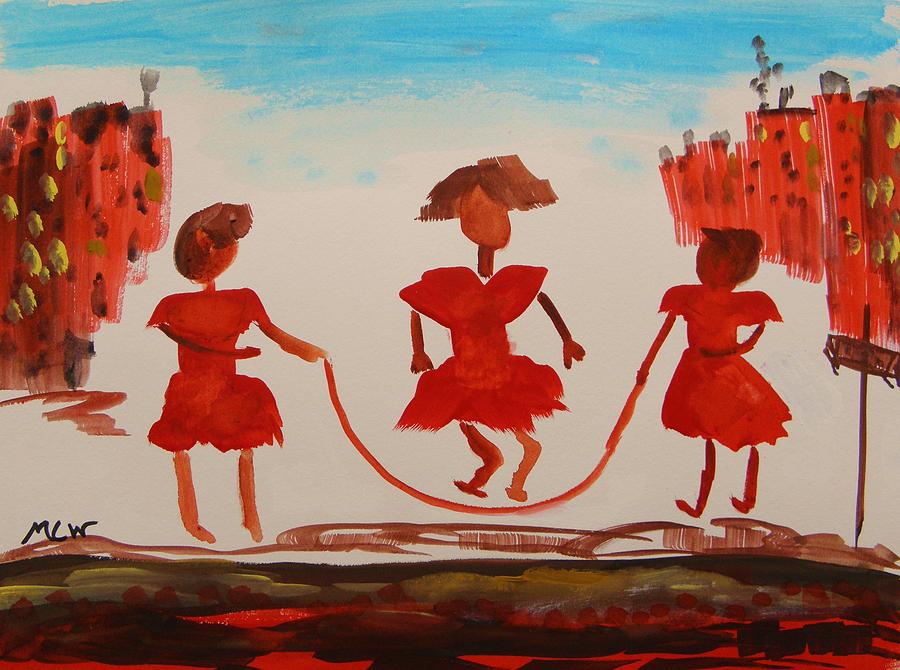 Girls in Red Dresses Jump Rope Painting by Mary Carol Williams