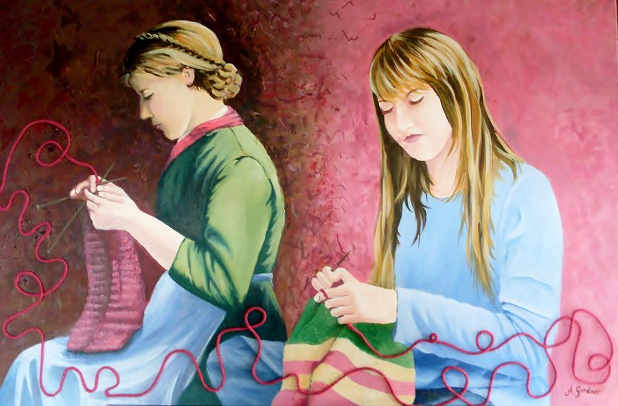Girls knitting Painting by Anne Gardner