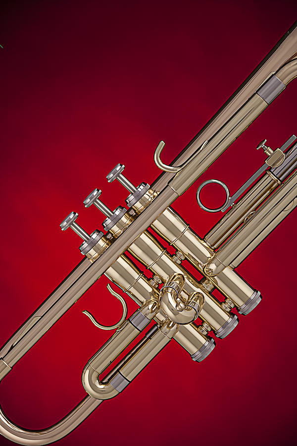 Music Photograph - Gold Trumpet Isolated On Red by M K Miller