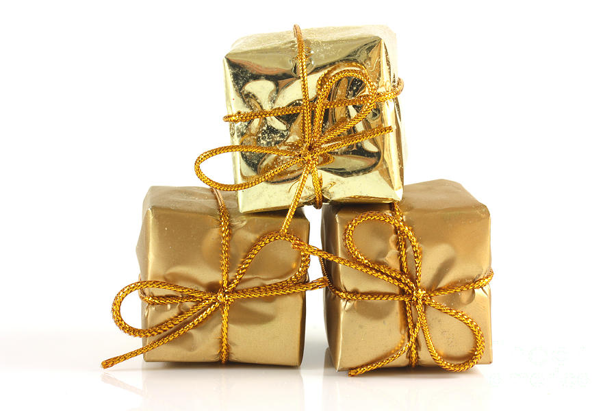 Christmas Photograph - Gold wrapped parcels by Simon Bratt