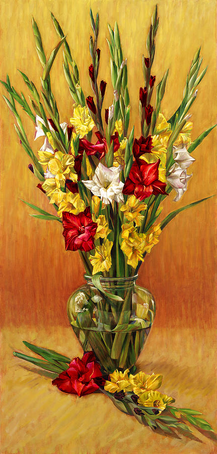 Golden Gladiolus in Red Painting by Nancy Tilles
