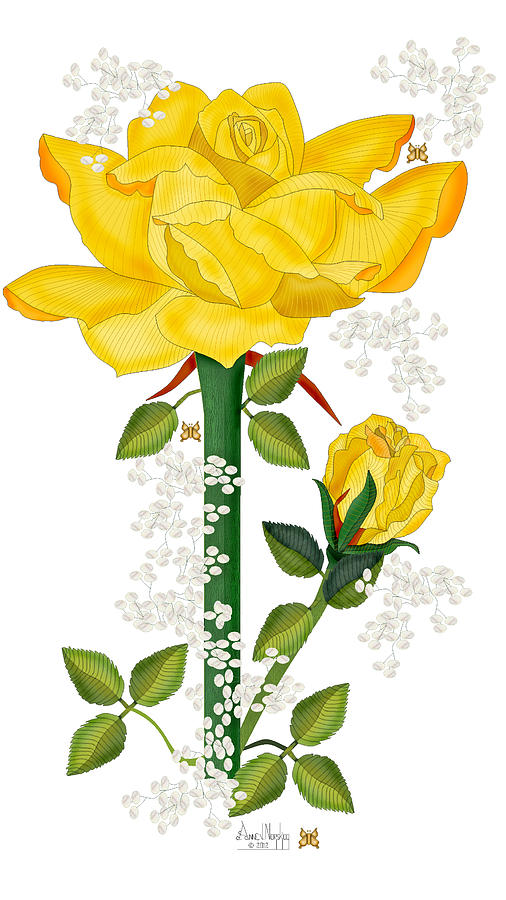 Golden Rose And Bud With Baby Breath Flowers Painting