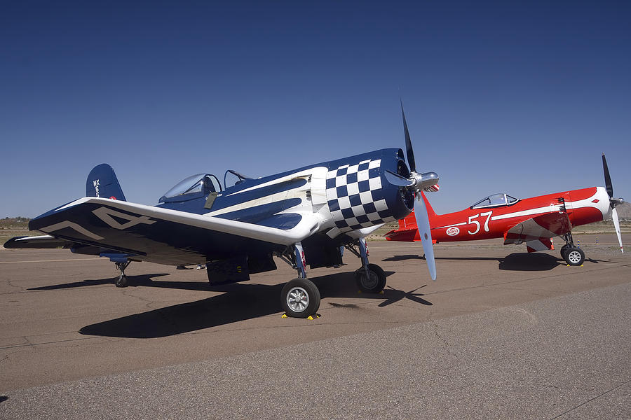 Goodyear F2G Corsairs N5577N Race 74 and NX5588N Race 57 Cactus Fly-in March 3 2012 Photograph by Brian Lockett