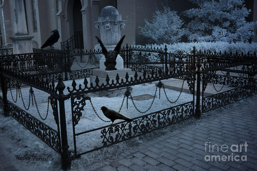 Gothic Surreal Night Gargoyle and Ravens - Moonlit Cemetery With Gargoyles Ravens Photograph by Kathy Fornal