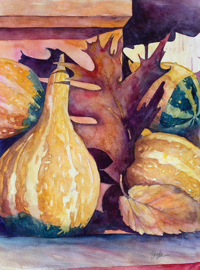Fall Painting - Gourds and Leaf Still Life by Sherri Snyder