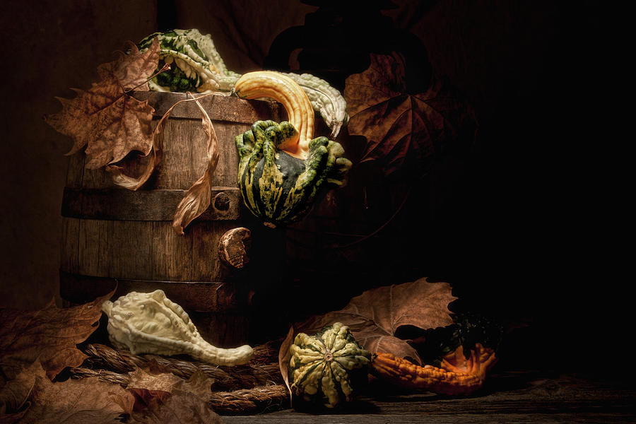 Wine Photograph - Gourds and Leaves Still Life by Tom Mc Nemar