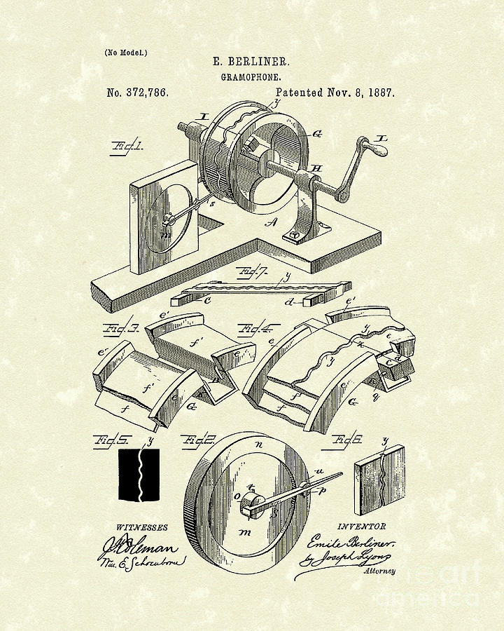 Gramophone 1887 Patent Art Drawing by Prior Art Design