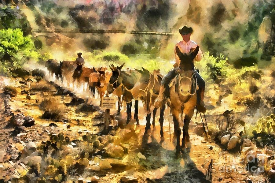 Grand Canyon Mules at the River Digital Art by Mary Warner