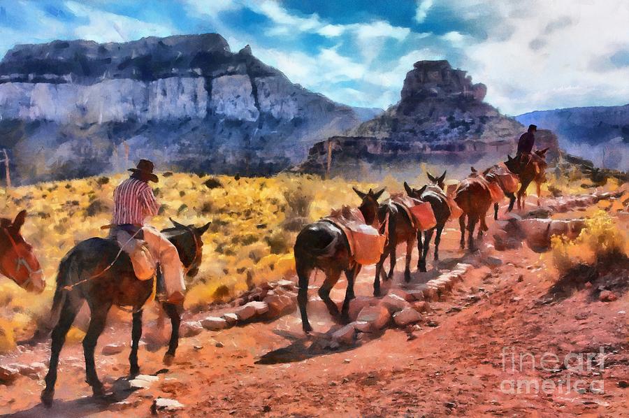 Grand Canyon Mules Heading Up the South Kaibab Trail Digital Art by Mary Warner