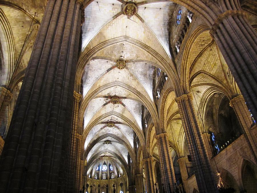 Grand Historic Cathedral Building Interior Columns in Barcelona Spain Photograph by John Shiron