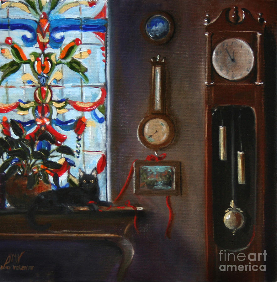 Grandfather Clock And Cat Painting by Stella Violano