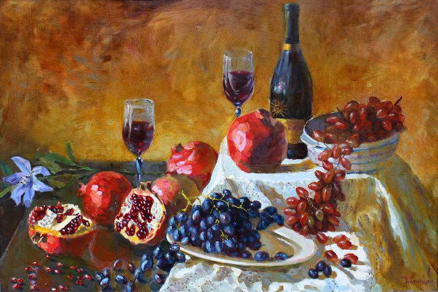 Grape Painting - Grapes and Pomgranates by Ylli Haruni