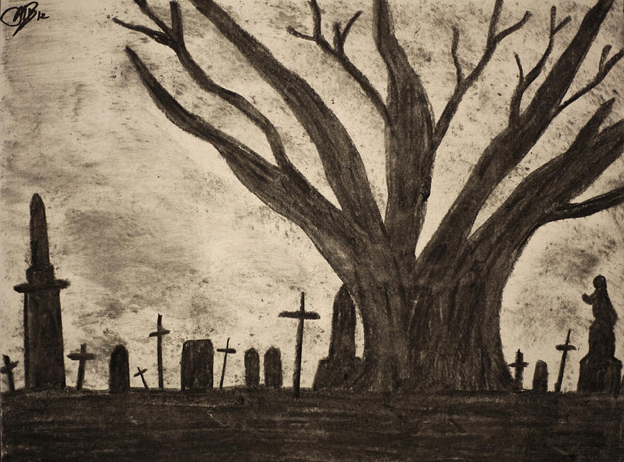 Graveyard By Gothic Old Tree Drawing by Mike M Burke