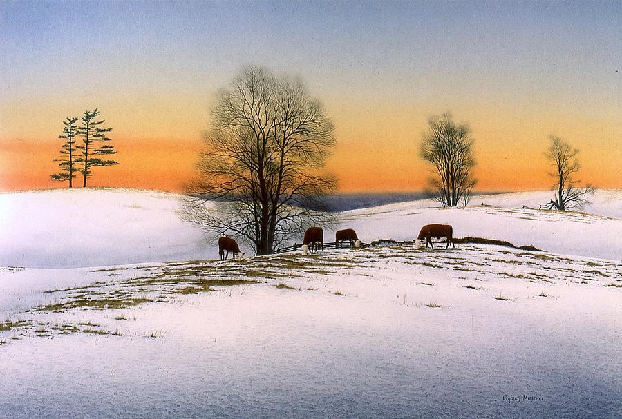 Grazing Cattle in Winter Painting by Conrad Mieschke