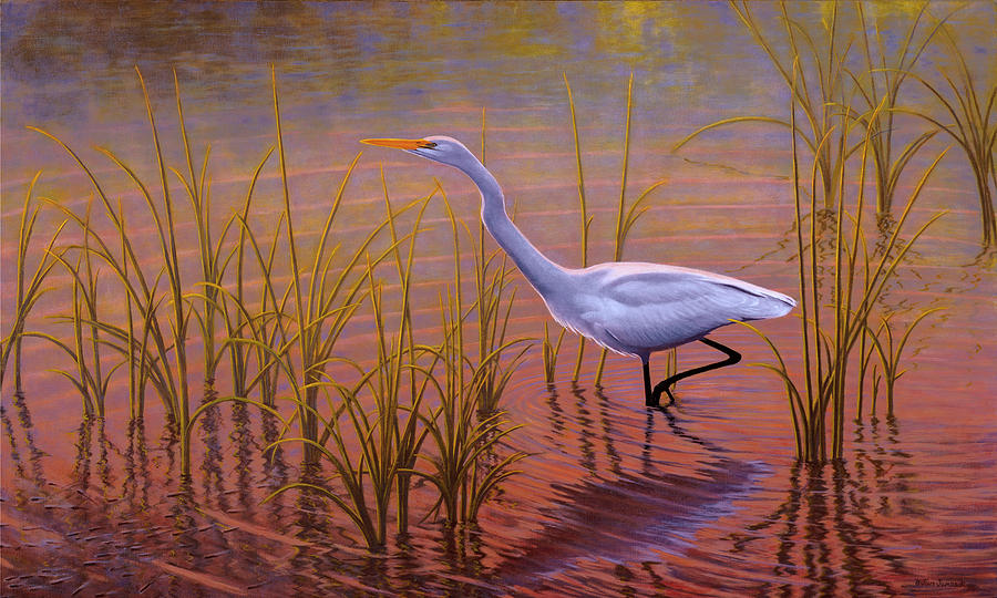 Great Egret at Eventide Painting by Jon Janosik