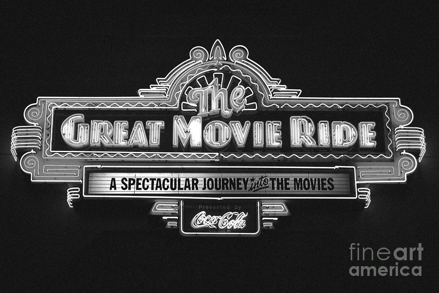 Orlando Photograph - Great Movie Ride Neon Sign Hollywood Studios Walt Disney World Prints Black and White Film Grain by Shawn OBrien