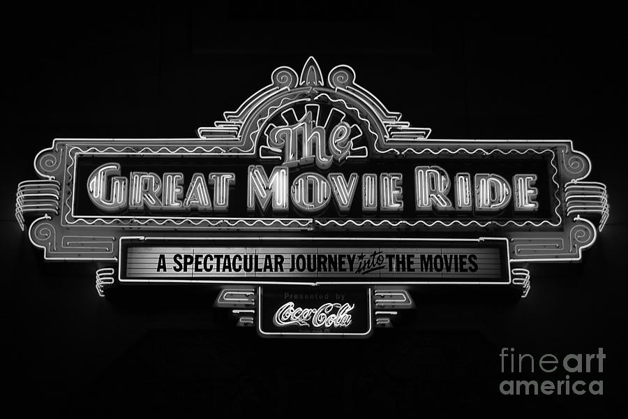 Great Movie Ride Neon Sign Hollywood Studios Walt Disney World Prints Black and White Photograph by Shawn OBrien
