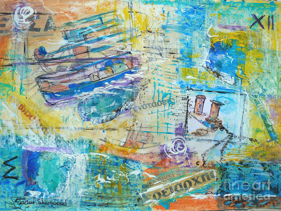 Greek Collage - Boats Painting by Jackie Sherwood